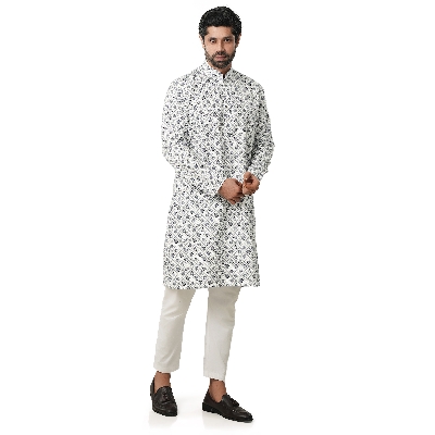 Picture of Blue and white panjabi for men new collection 2024 eid | Printed cotton panjabi for men high quality - Mens panjabi white