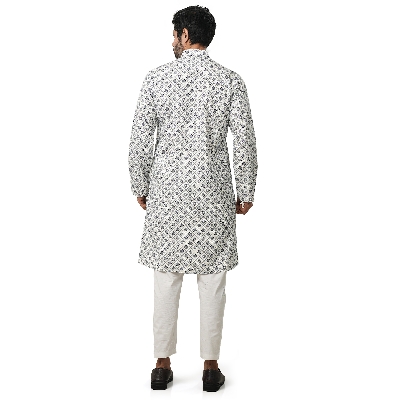Picture of Blue and white panjabi for men new collection 2024 eid | Printed cotton panjabi for men high quality - Mens panjabi white