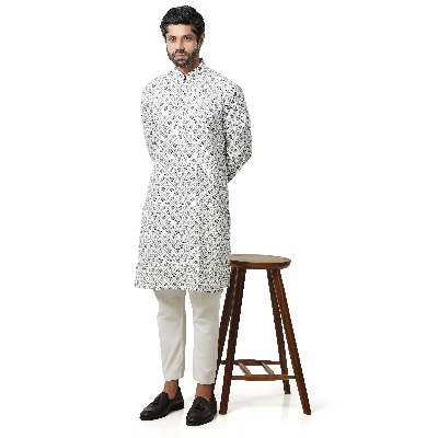 Picture of Blue and white panjabi for men new collection 2024 eid | Printed cotton panjabi for men high quality - Mens panjabi white