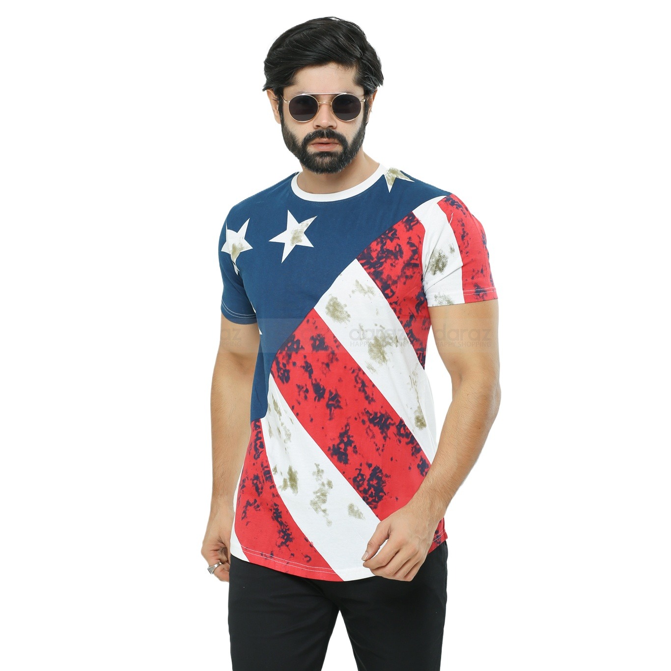 Picture of Patriotic Men's American Flag Printed T-Shirt - Stylish and Comfortable Design | Buy American Flag Design T-Shirt for Men - Perfect for Casual Wear | Trendy American Flag Print Men's T-Shirt - Celebrate in Style | Men's American Flag T-Shirt - High-Qualit