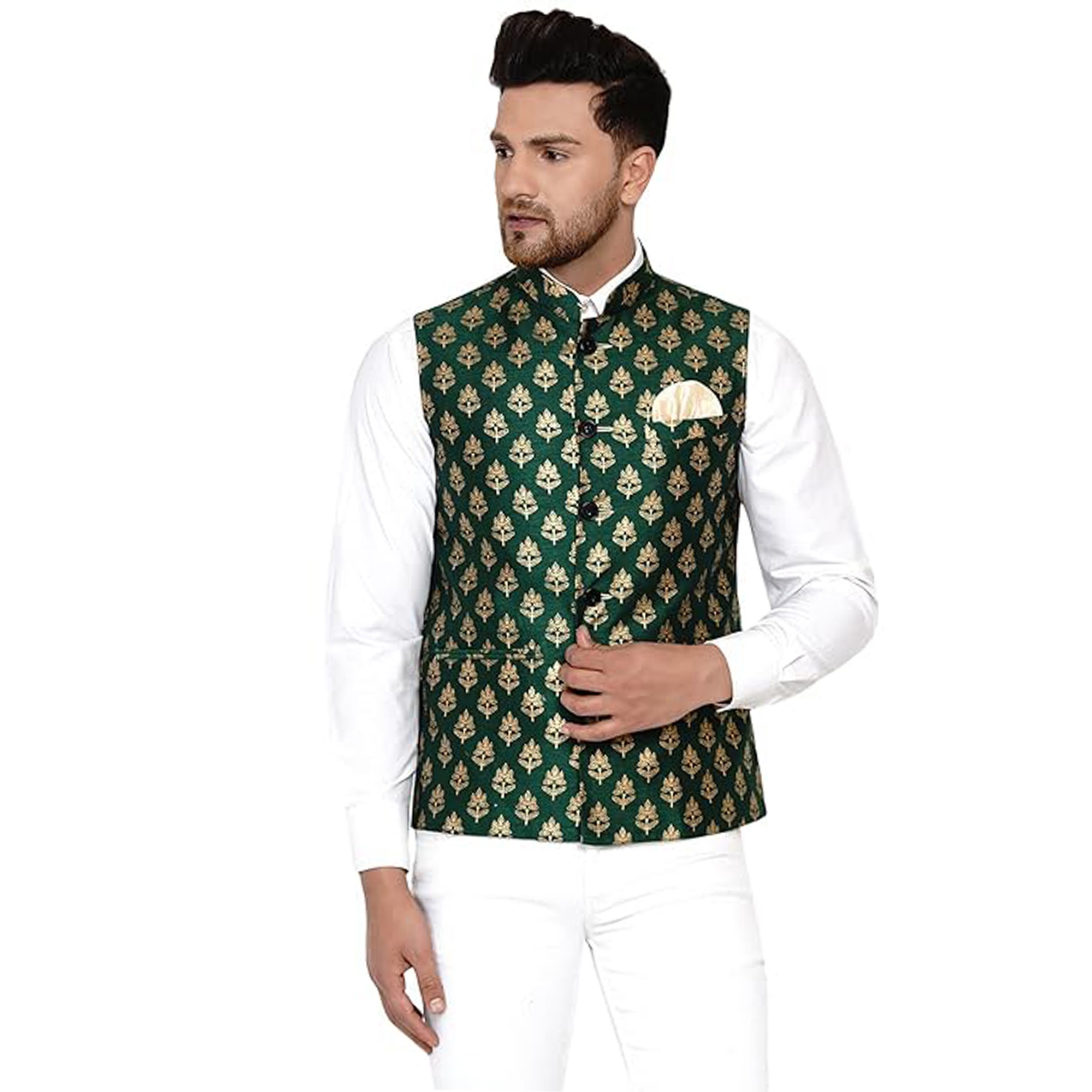 Picture of Printed golden and green koti for men print brand | Nehru jacket for men | Waist coat and vest for men golden and green