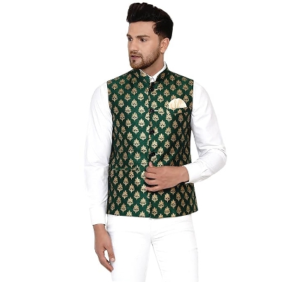 Picture of Printed golden and green koti for men print brand | Nehru jacket for men | Waist coat and vest for men golden and green