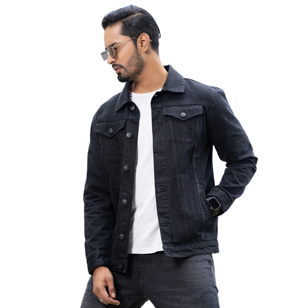 Picture of Stretch denim jacket for men stylish | Export quality denim jacket for men black | Jacket for men denim black - winter collection for men denim jacket