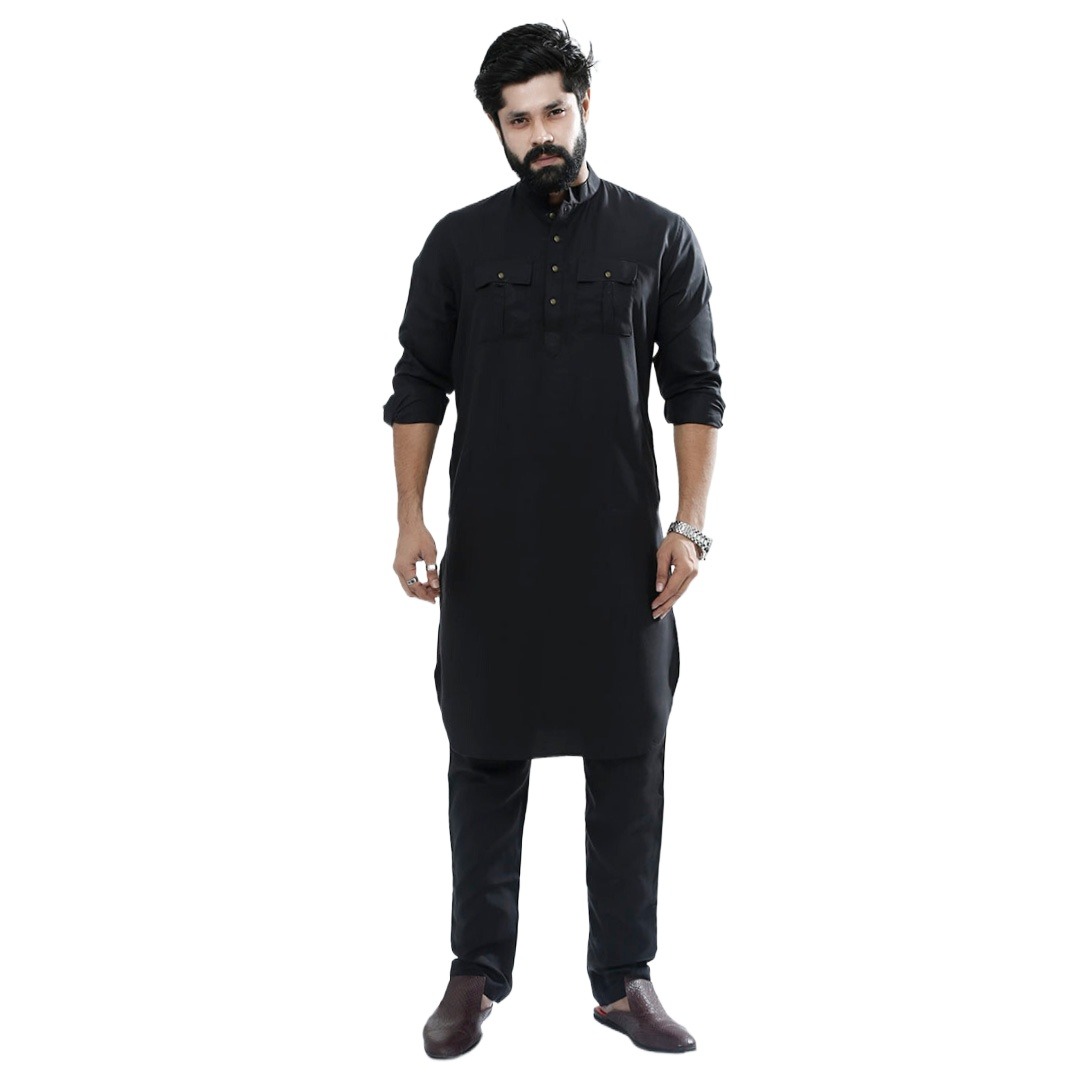 Picture of Kabli panjabi full set for men new collection 2024 | Black kabli panjabi set for men | Kabli panjabi for men black