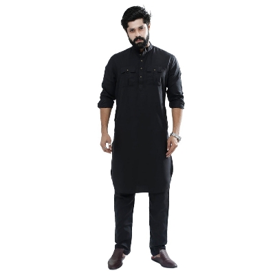 Picture of Kabli panjabi full set for men new collection 2024 | Black kabli panjabi set for men | Kabli panjabi for men black