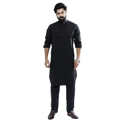 Picture of Kabli panjabi full set for men new collection 2024 | Black kabli panjabi set for men | Kabli panjabi for men black