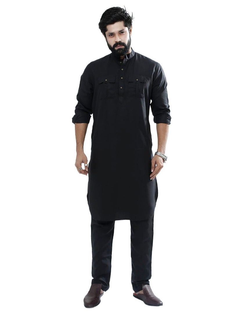 Picture of Kabli panjabi full set for men new collection 2024 | Black kabli panjabi set for men | Kabli panjabi for men black