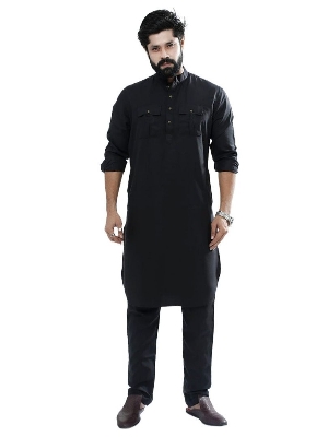 Picture of Kabli panjabi full set for men new collection 2024 | Black kabli panjabi set for men | Kabli panjabi for men black