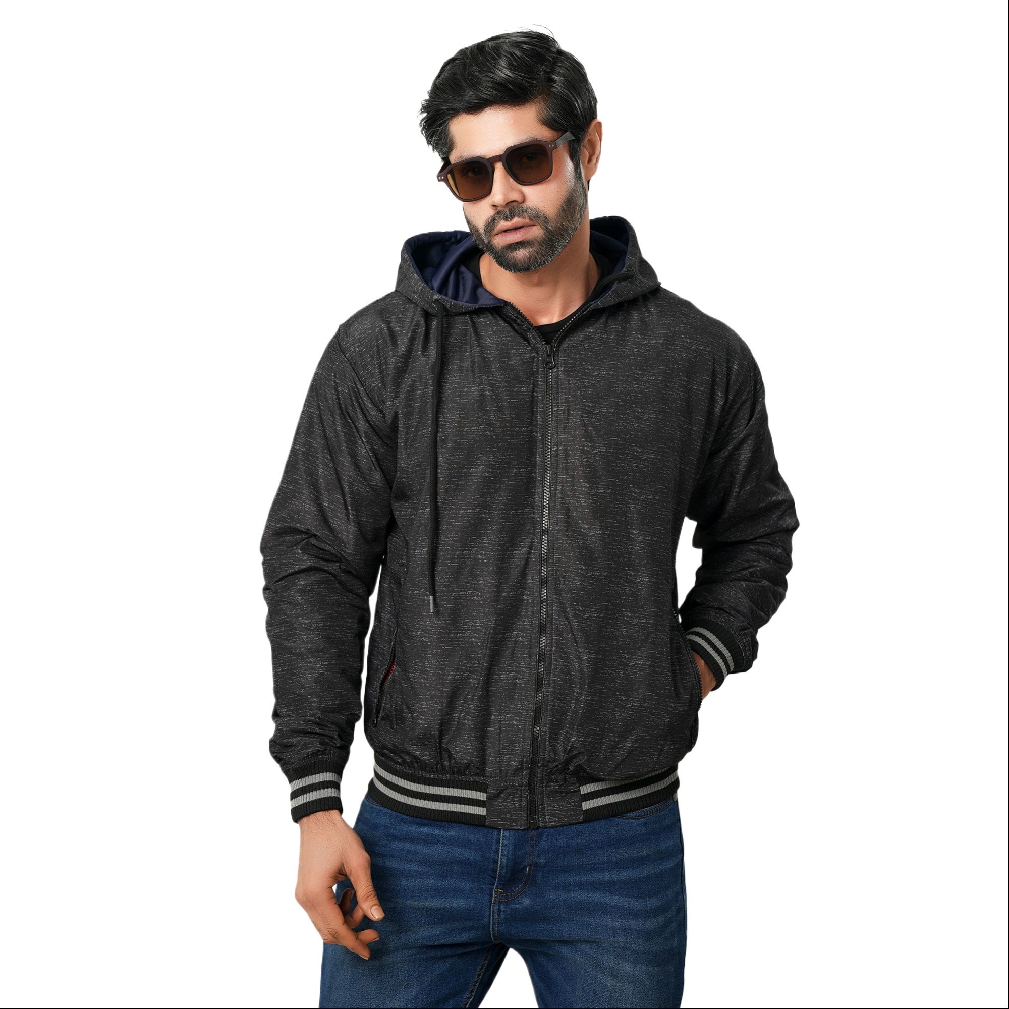 Picture of Black hoodie jacket for men stylish 2024 | Biker jacket for men new winter collection - Export quality hoodie jacket for men