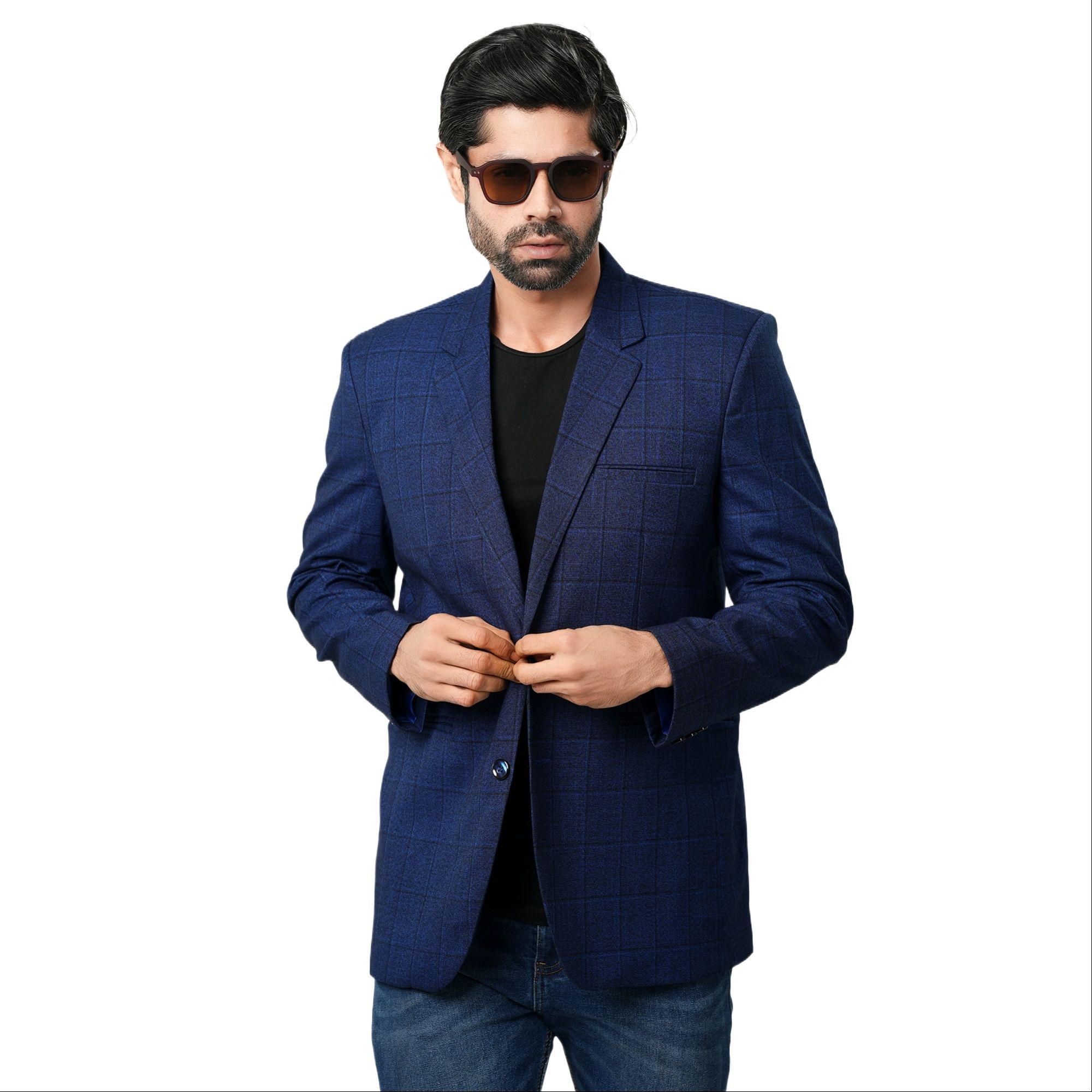 Picture of Blazer suits for men blue check | Check blue suits blazer for men brand | Stylish blazer for men new collection 2024