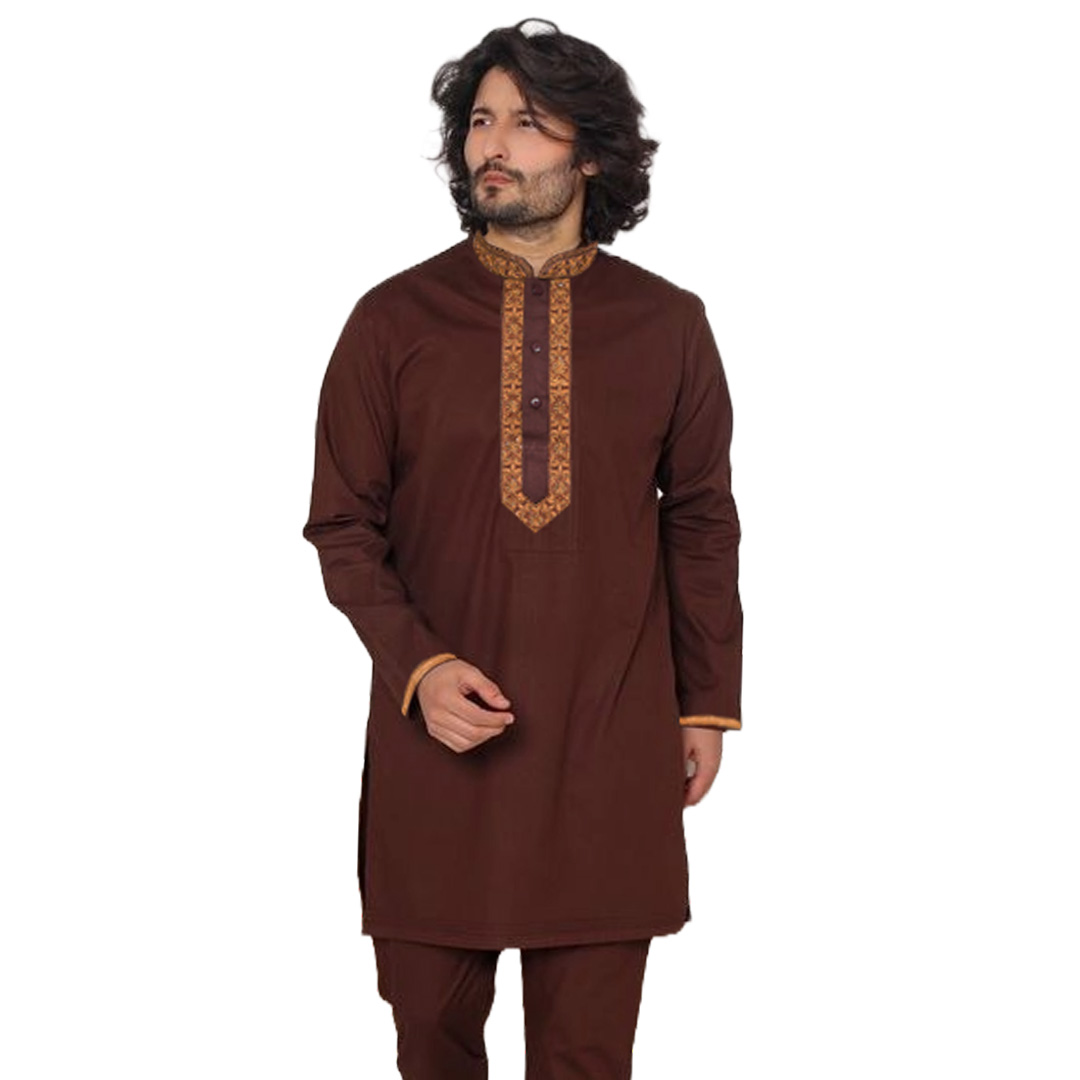 Picture of Cotton panjabi for men new collection 2024 stylish | Low price mens panjabi high quality | panjabi for gift - Embroidery panjabi chocolate color