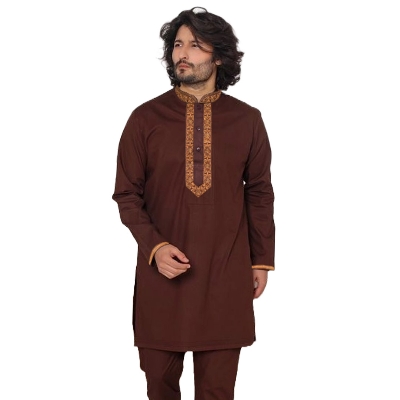 Picture of Cotton panjabi for men new collection 2024 stylish | Low price mens panjabi high quality | panjabi for gift - Embroidery panjabi chocolate color