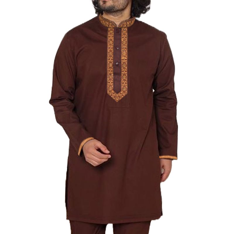 Picture of Cotton panjabi for men new collection 2024 stylish | Low price mens panjabi high quality | panjabi for gift - Embroidery panjabi chocolate color