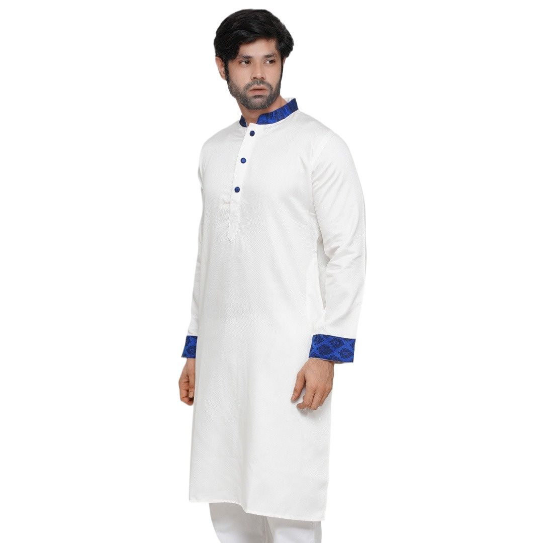 Picture of White katan panjabi for men cotton | Premium panjabi for men new collection 2024 | Indian panjabi for men new collection 2024 stylist brand | white and blue panjabi for eid collection at low price