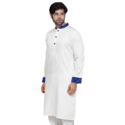 Picture of White katan panjabi for men cotton | Premium panjabi for men new collection 2024 | Indian panjabi for men new collection 2024 stylist brand | white and blue panjabi for eid collection at low price