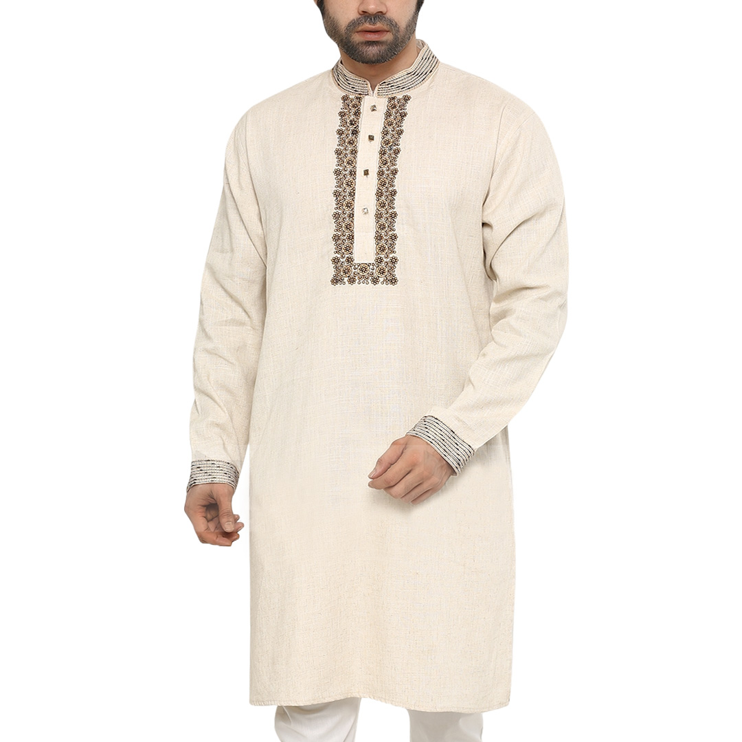 Picture of Off white panjabi for men cotton | Premium panjabi for men new collection 2024 | Indian panjabi for men new collection 2024 stylist brand | Printed panjabi for eid collection at low price