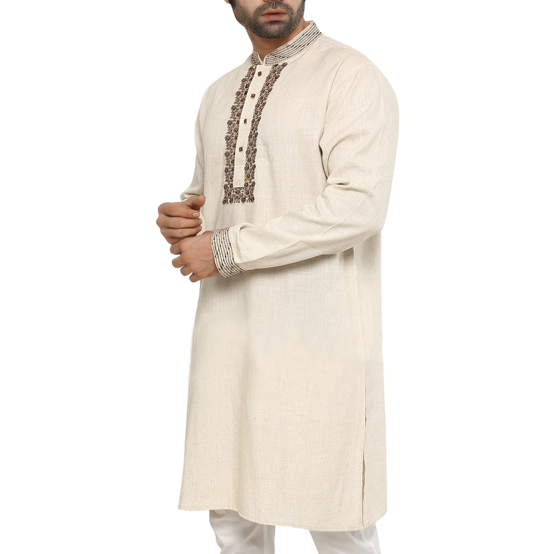 Picture of Off white panjabi for men cotton | Premium panjabi for men new collection 2024 | Indian panjabi for men new collection 2024 stylist brand | Printed panjabi for eid collection at low price