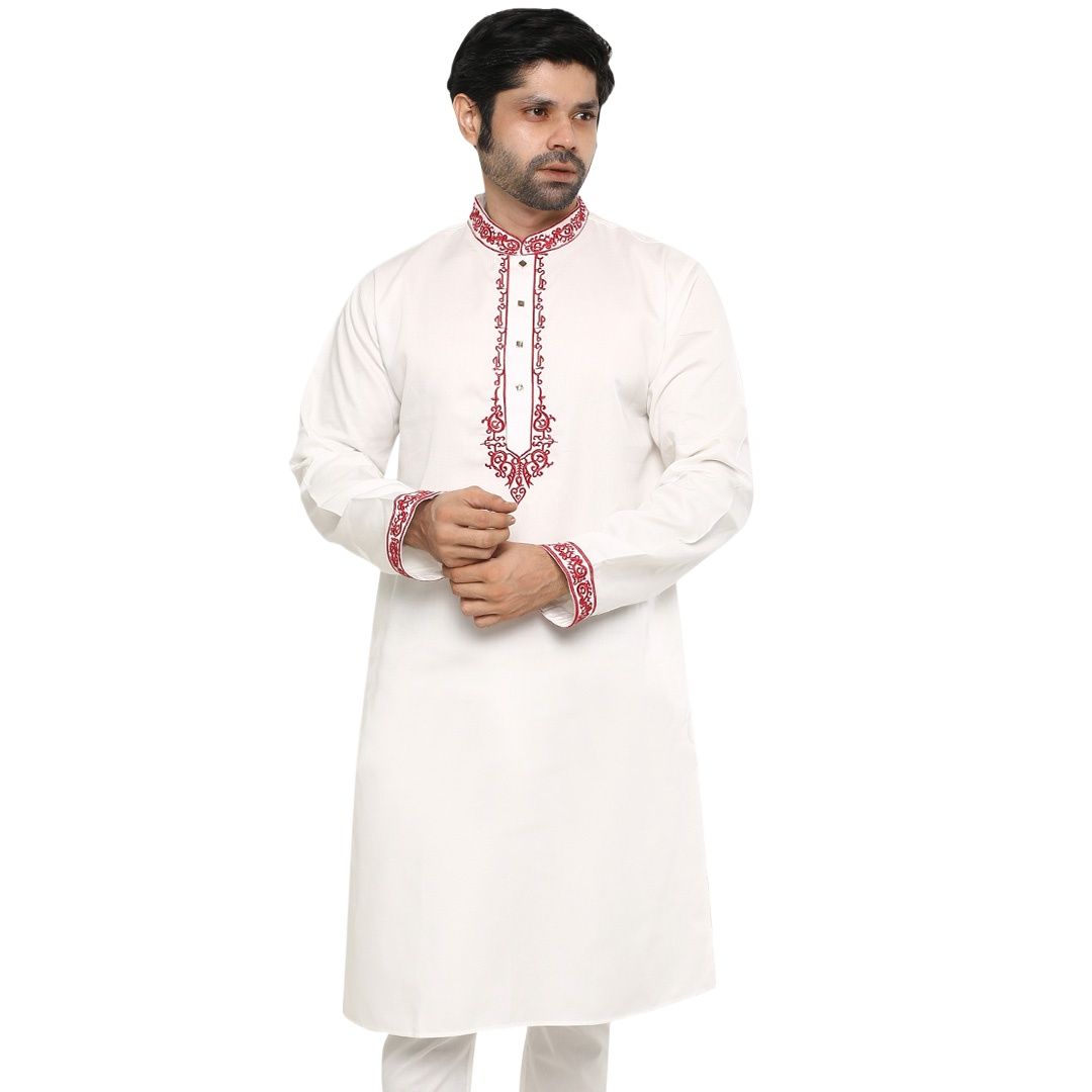 Picture of White panjabi for men cotton | Premium panjabi for men new collection 2024 | Indian panjabi for men new collection 2024 stylist brand | Printed Panjabi for eid collection at low price