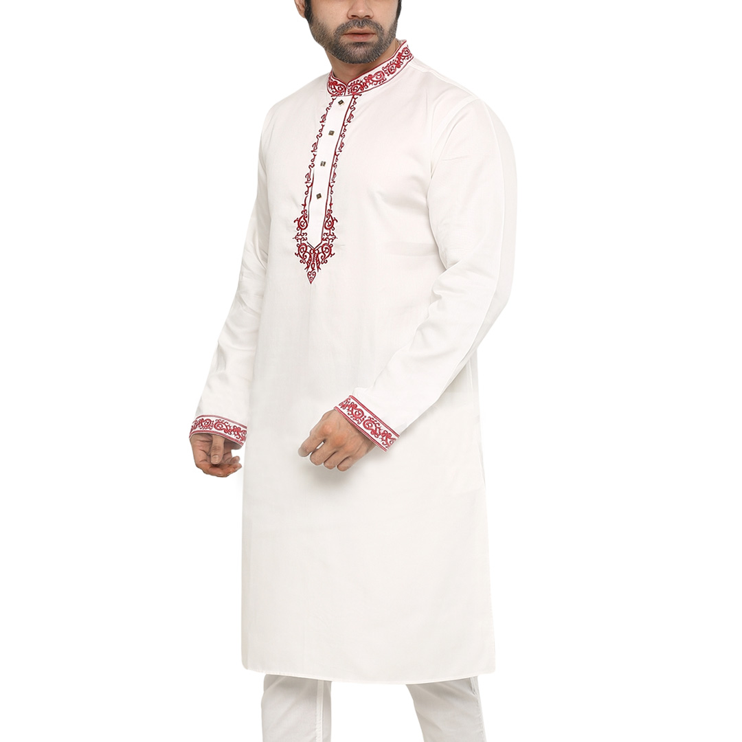 Picture of White panjabi for men cotton | Premium panjabi for men new collection 2024 | Indian panjabi for men new collection 2024 stylist brand | Printed Panjabi for eid collection at low price