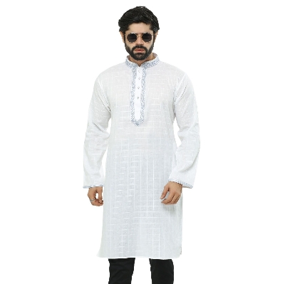 Picture of White panjabi for men cotton | Premium panjabi for men new collection 2024 | Indian panjabi for men new collection 2024 stylist brand | Indian chicken fabrics panjabi for eid collection at low price