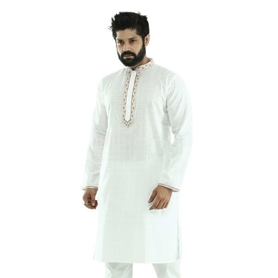 Picture of Gold and white panjabi for men cotton | Premium panjabi for men new collection 2024 | Indian panjabi for men new collection 2024 stylist brand | Printed Panjabi for eid collection at low price
