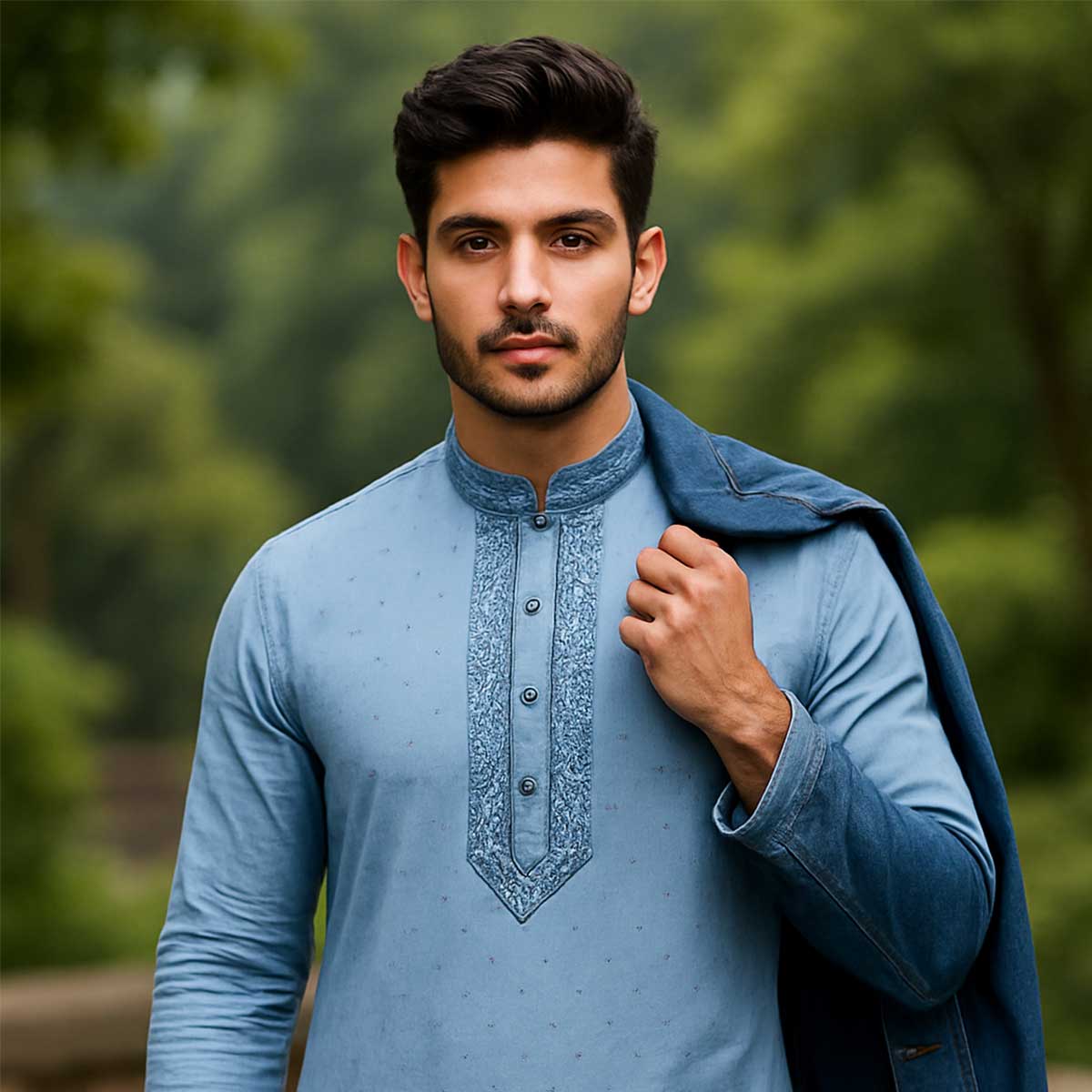 Picture of Sky blue panjabi for men cotton | Premium panjabi for men new collection 2025 | Indian panjabi for men new collection 2025 stylist brand | Printed Panjabi for eid collection at low price - Embroidery style panjabi