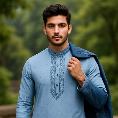 Picture of Sky blue panjabi for men cotton | Premium panjabi for men new collection 2025 | Indian panjabi for men new collection 2025 stylist brand | Printed Panjabi for eid collection at low price - Embroidery style panjabi