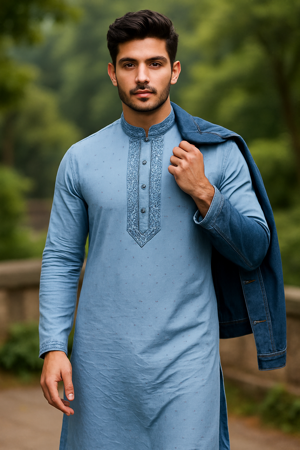 Picture of Sky blue panjabi for men cotton | Premium panjabi for men new collection 2025 | Indian panjabi for men new collection 2025 stylist brand | Printed Panjabi for eid collection at low price - Embroidery style panjabi