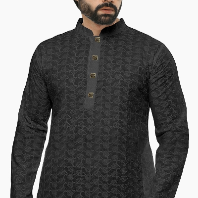 Picture of Black panjabi for men cotton | Premium panjabi for men new collection 2024 | Indian panjabi for men new collection 2024 stylist brand | Printed Panjabi for eid collection at low price