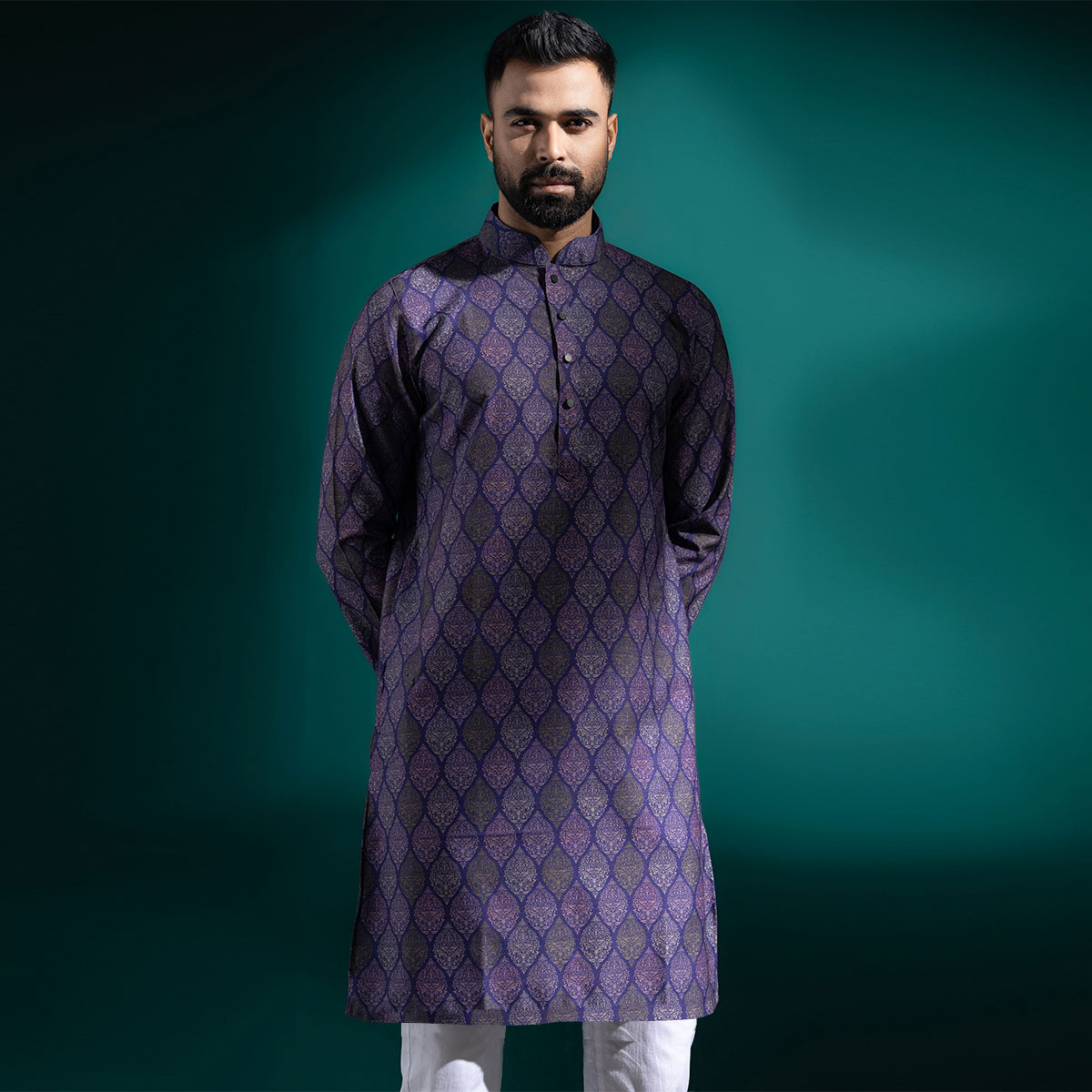 Picture of Purple and blue panjabi for men cotton | Premium panjabi for men new collection 2024 | Indian panjabi for men new collection 2024 stylist brand | Printed Panjabi for eid collection at low price