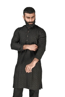 Picture of Black panjabi for men cotton | Premium panjabi for men new collection 2024 | Indian panjabi for men new collection 2024 stylist brand | All over embroidery panjabi for eid collection at low price