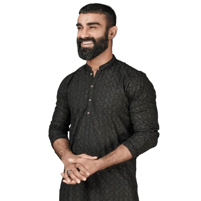 Picture of Black panjabi for men cotton | Premium panjabi for men new collection 2024 | Indian panjabi for men new collection 2024 stylist brand | All over embroidery panjabi for eid collection at low price