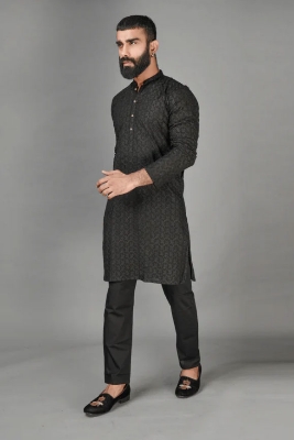 Picture of Black panjabi for men cotton | Premium panjabi for men new collection 2024 | Indian panjabi for men new collection 2024 stylist brand | All over embroidery panjabi for eid collection at low price