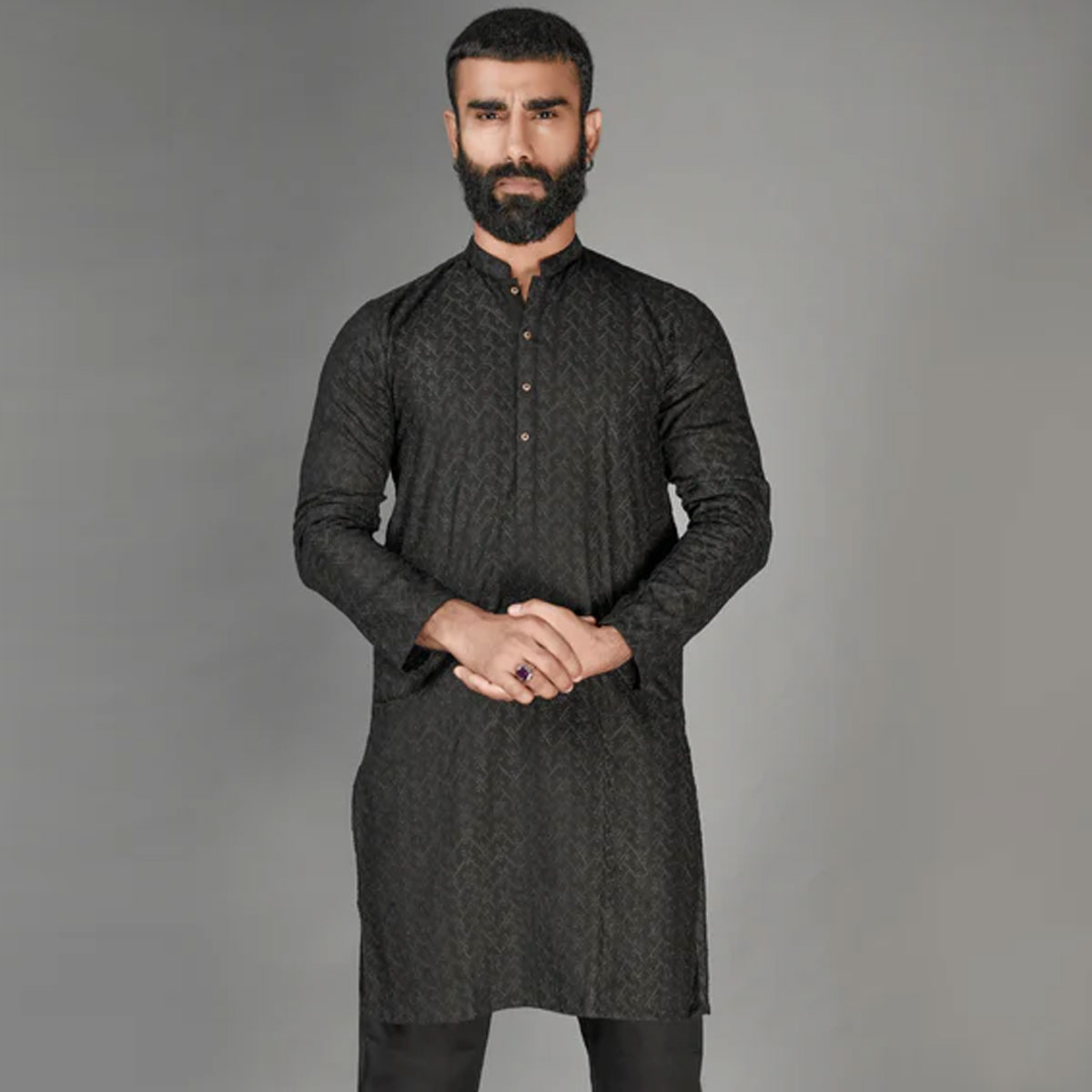 Picture of Black panjabi for men cotton | Premium panjabi for men new collection 2024 | Indian panjabi for men new collection 2024 stylist brand | All over embroidery panjabi for eid collection at low price