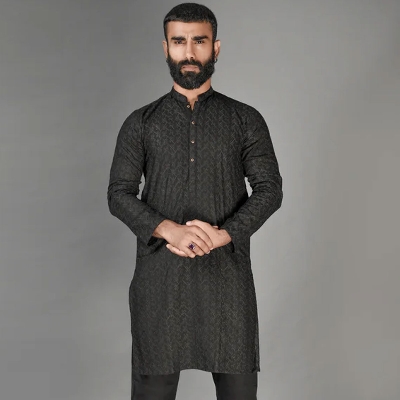 Picture of Black panjabi for men cotton | Premium panjabi for men new collection 2024 | Indian panjabi for men new collection 2024 stylist brand | All over embroidery panjabi for eid collection at low price