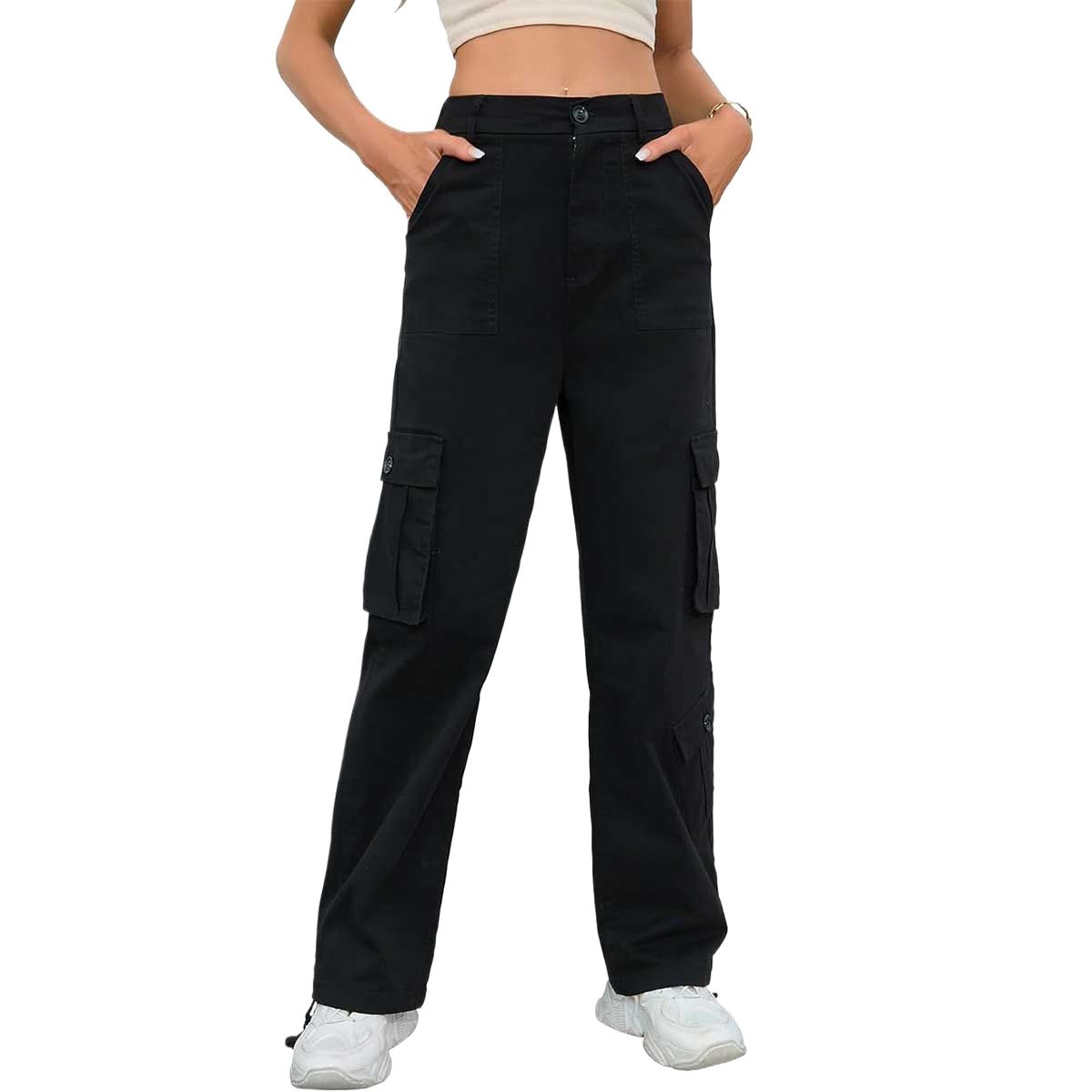 Picture of Stylish cargo pant for women black color | Six pocket cargo mobile pant for women at cheap price | High quality pant for women cotton at low price - Premium black colour pants new collection 2024