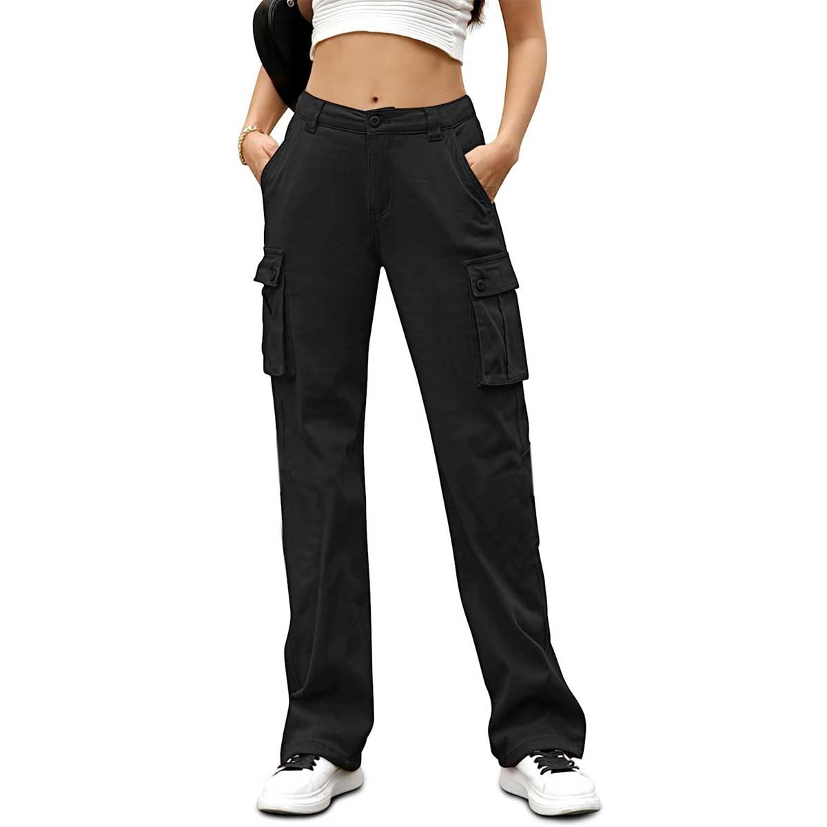 Picture of Stylish cargo pant for women black color | Six pocket cargo mobile pant for women at cheap price | High quality pant for women cotton at low price - Premium black colour pants new collection 2024
