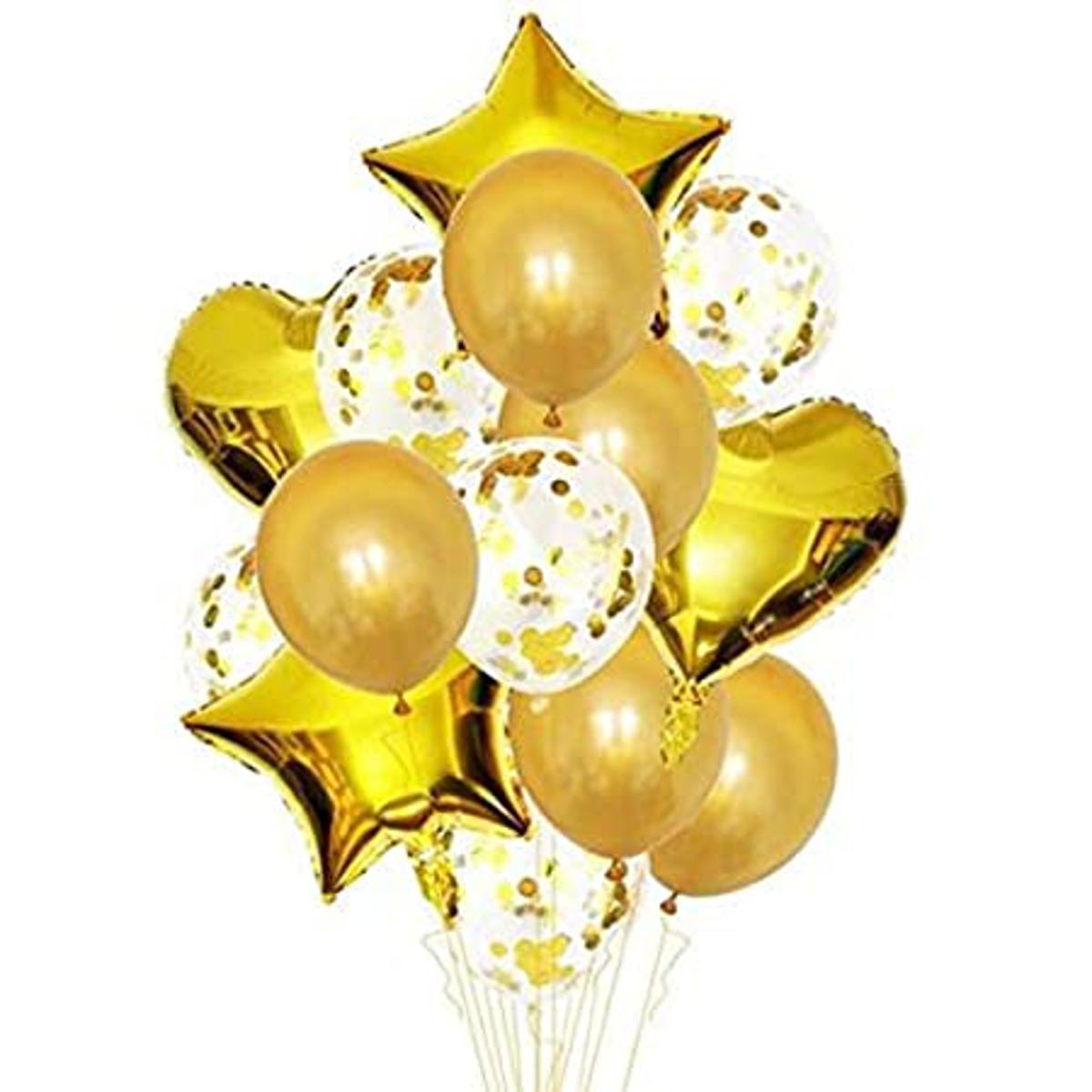 Picture of 14 Pieces Party Balloons Golden Latex Balloons Confetti Balloons and Star Heart Foil Balloons Birthday Party Decoration Kids Baby Shower Wedding
