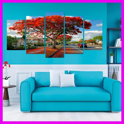 Picture of 5Pcs In 1 Set Wall Canvas Red Flamboyant Tree for Living Room or Bedroom Home Decoration On Wall