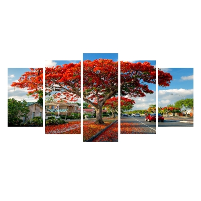 Picture of 5Pcs In 1 Set Wall Canvas Red Flamboyant Tree for Living Room or Bedroom Home Decoration On Wall