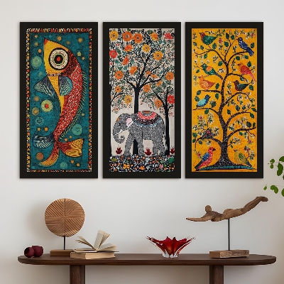 Picture of Madhubani paintings for living room. Set of 3 canvas madhubani art for wall decor