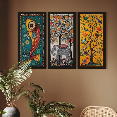 Picture of Madhubani paintings for living room. Set of 3 canvas madhubani art for wall decor
