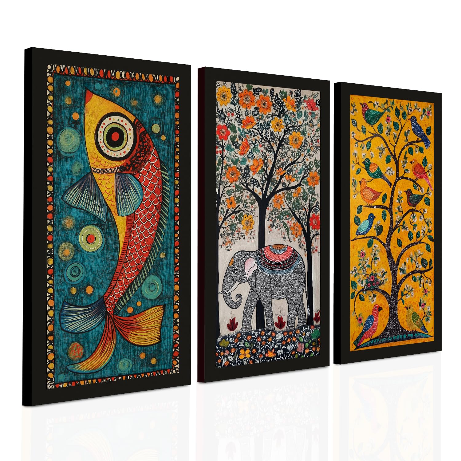 Picture of Madhubani paintings for living room. Set of 3 canvas madhubani art for wall decor