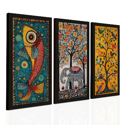 Picture of Madhubani paintings for living room. Set of 3 canvas madhubani art for wall decor