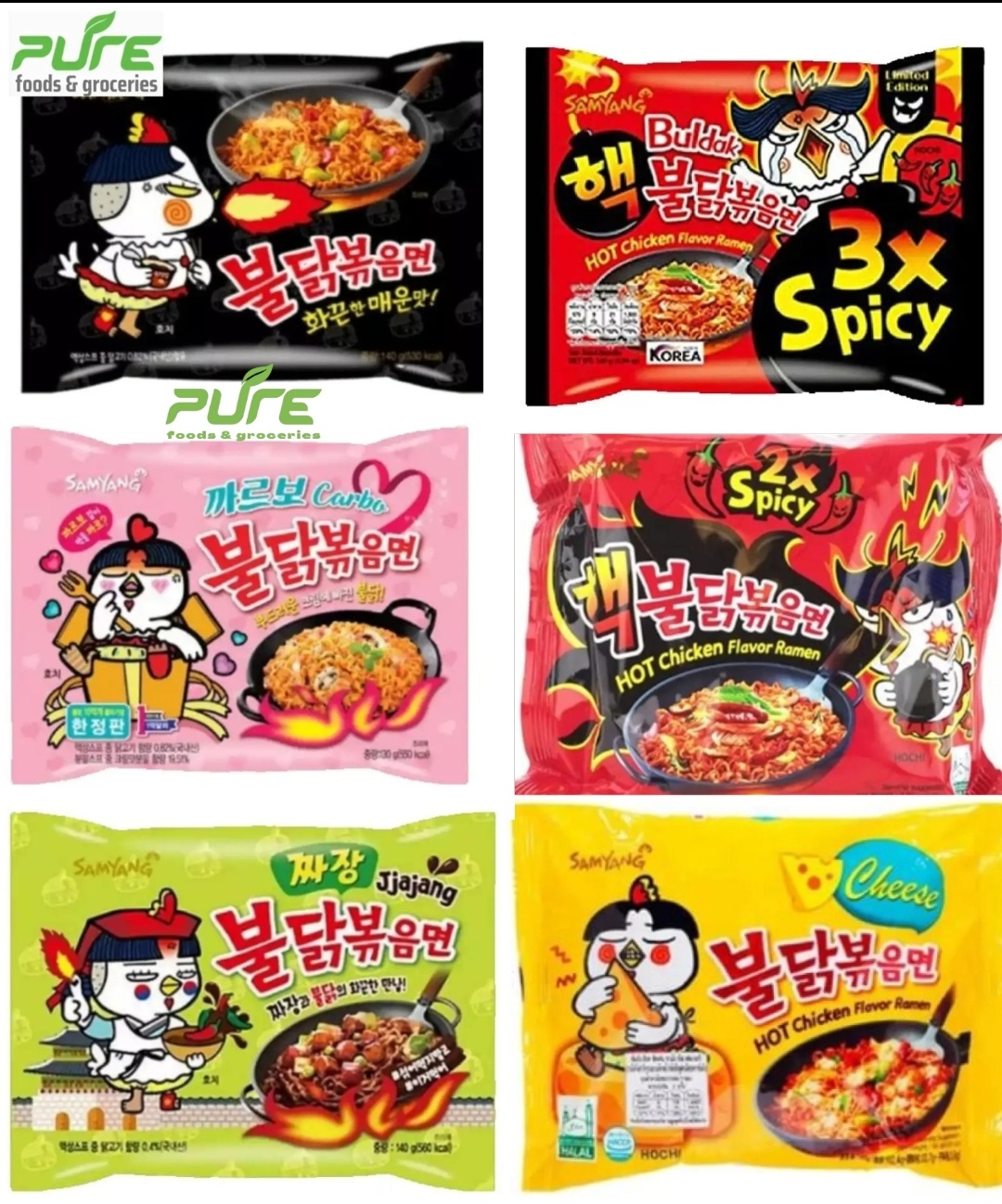 Picture of 6 Flavor Ramen Noodles, Six Flavor Ramen Noodles 3x Spicy Ramen, 2x Spicy Ramen, Hot Chicken Ramen, Ramen CARBONARA, Hot Chicken Cheese, jjajang ramen 6 pice