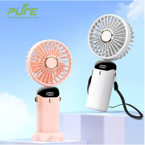 Picture of Handheld Mini Fan Foldable Portable Neck Hanging Fans 5 Speed USB Rechargeable Fan with Phone Stand and Display Screen