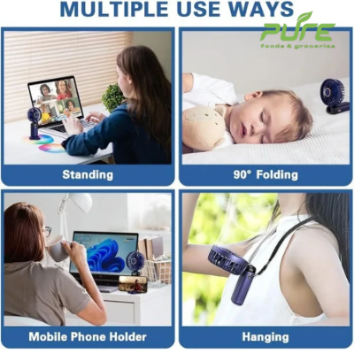 Picture of Handheld Mini Fan Foldable Portable Neck Hanging Fans 5 Speed USB Rechargeable Fan with Phone Stand and Display Screen