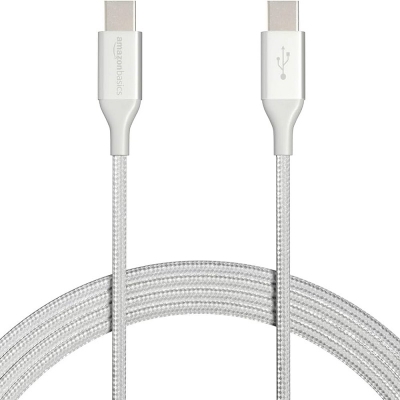 Picture of Amazon Basics USB-C to USB-C 2.0 Fast Charger Cable, Nylon Braided Cord, 480Mbps Speed, USB-IF Certified, for Apple iPhone 15, iPad, Samsung Galaxy, Tablets, Laptops, 6 Foot, Silver