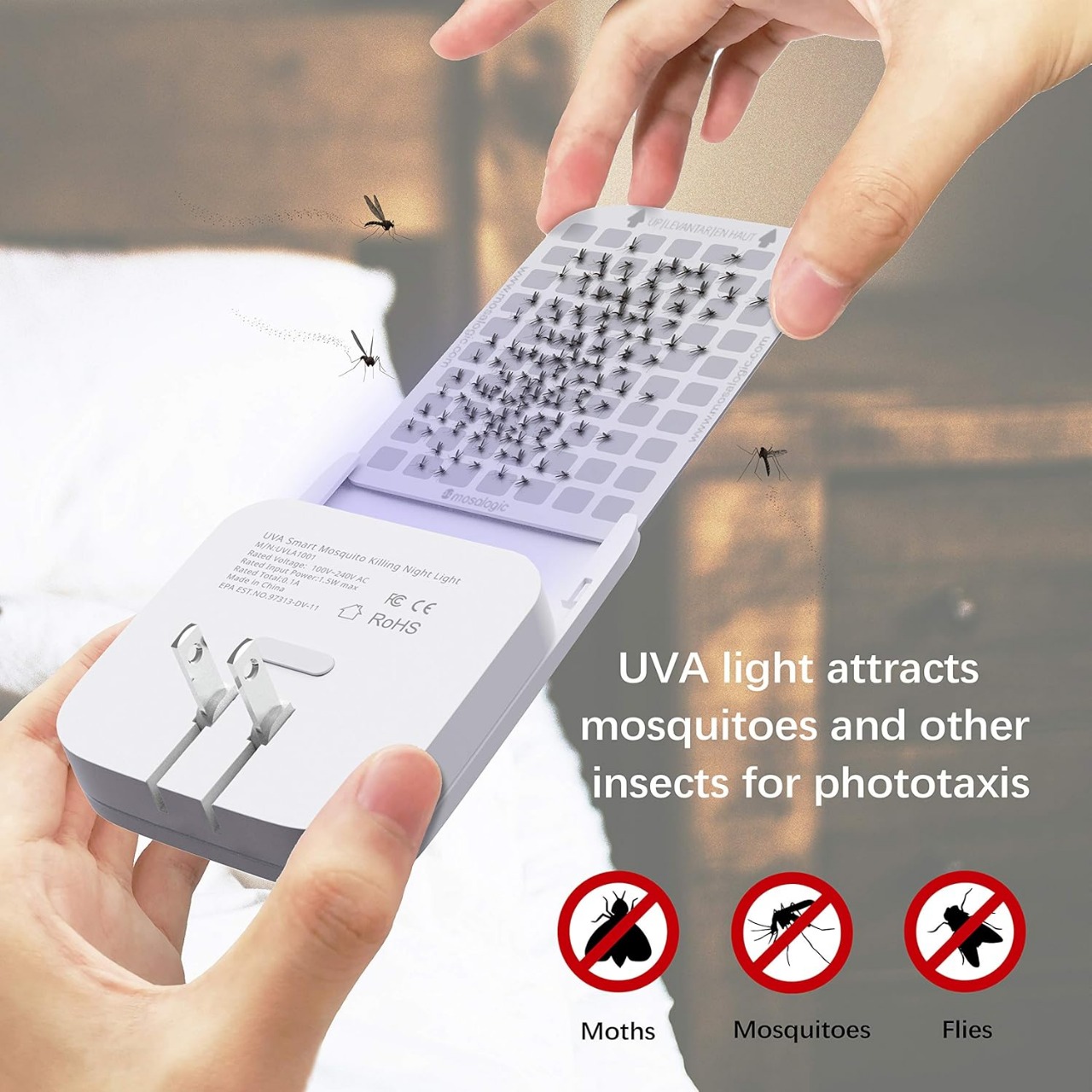 Picture of Mosalogic UVA Flying Insect Trap-US Plug Mosalogic Sticky Glue Cards Refills (5 Pack)