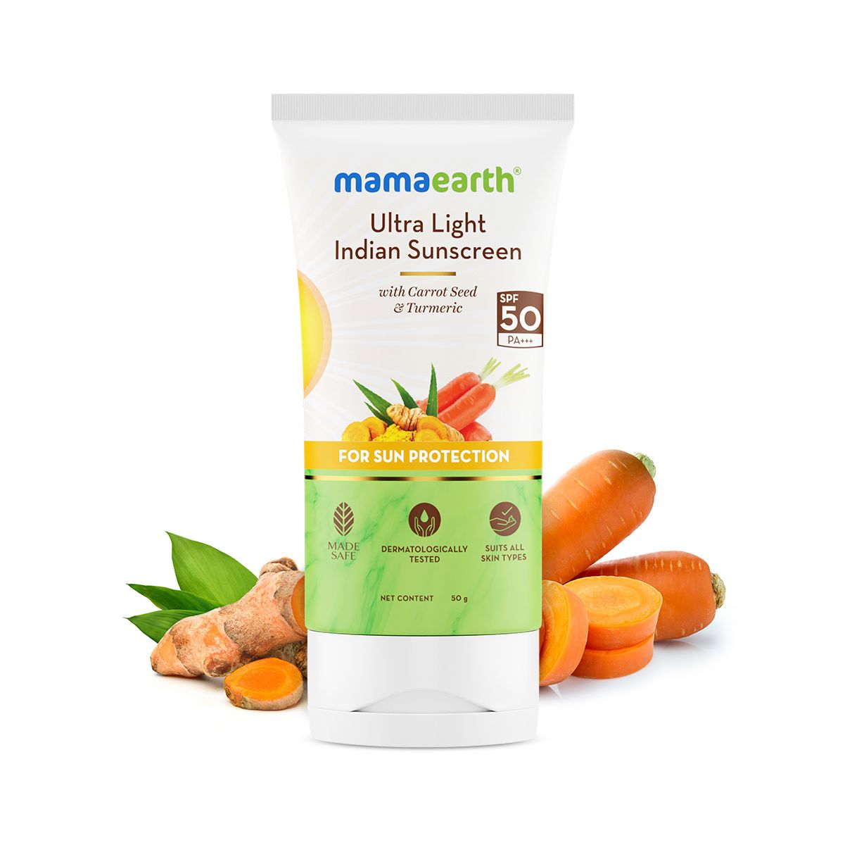 Picture of Mamaearth Ultra Light Indian Sunscreen with Carrot Seed, Turmeric and SPF 50 PA+++ (80ml)